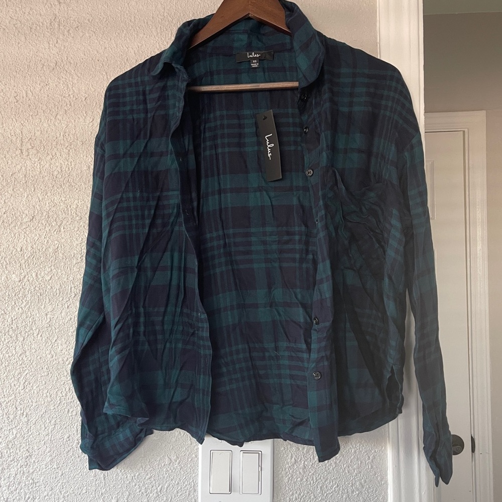 Lulus women’s teal navy flannel Button long sleeve Shirt XS NWT